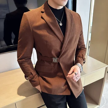 Мужской блейзер, высококачественные толстые теплые вельветовые блейзеры, куртка для мужчин, Корейский роскошный приталенный повседневный строгий костюм на одной пуговице, пальто