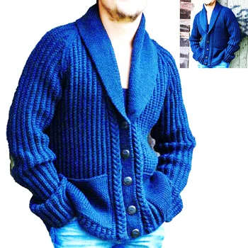 Мужской кардиган свободного кроя, свитер с воротником-шалью, повседневный вязаный топ, застежка на пуговицы, синий полиэстер, легкая растяжка