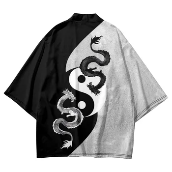 Мультяшная китайская Тайцзи с черно-белым принтом Дракона, Уличная одежда, повседневное японское Кимоно, Пляжные шорты, Кардиган Юката Харадзюку