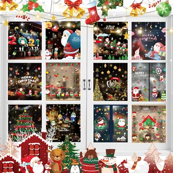 Наклейки на стену с Рождеством, Съемная Наклейка на Оконное стекло, украшения с оленями Санта-Клауса, Новогодние украшения для дома