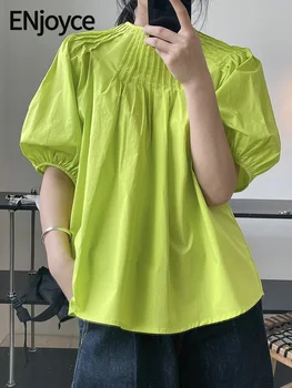Наслаждайтесь летней женской модной Зеленой милой свободной блузкой, футболкой в корейском стиле, футболкой с пузырчатым рукавом, тонкой футболкой, укороченными топами