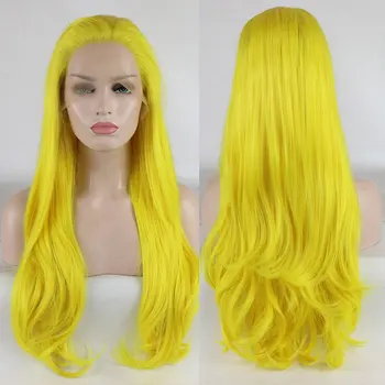 Натуральный волнистый Желтый синтетический парик на кружеве без клея из высококачественного термостойкого волокна, предварительно выщипанный по линии роста волос для модных женщин