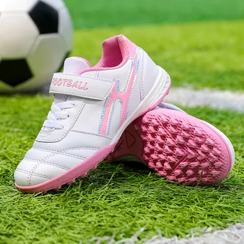 Новая спортивная обувь для мальчиков и девочек, кожаные детские футбольные бутсы с крючками и петлями, уличная нескользящая детская футбольная обувь для футзала