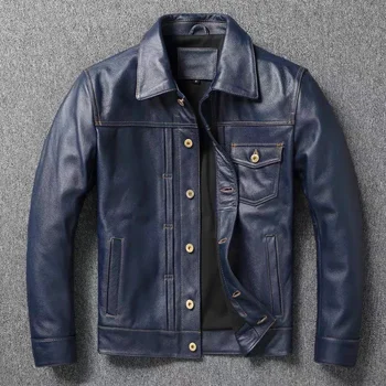 Новая темно-синяя куртка из воловьей кожи с верхним слоем, мужская короткая приталенная мотоциклетная куртка в стиле ретро, повседневная модная