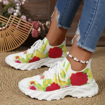 Новинка весны 2023, дышащие теннисные туфли с принтом для женщин, осенние женские вязаные кроссовки на толстой подошве на платформе со шнуровкой