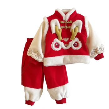 Новогодняя одежда 2023, Зимний комплект из меха с вышивкой Маленького Белого дракона для девочек, Утолщенный и теплый Комплект для долгого сна в китайском стиле