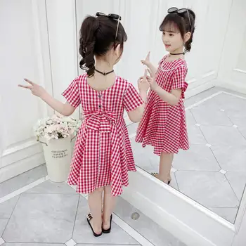 Новое летнее детское платье 2022 года для девочек, свободные платья принцессы, детская одежда с коротким рукавом, повседневные платья в клетку для девочек, D48