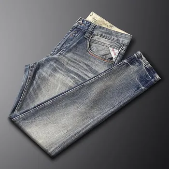 Новые дизайнерские модные мужские джинсы, выстиранные синие эластичные облегающие рваные джинсы, мужские брюки, винтажные повседневные джинсовые брюки Hombre