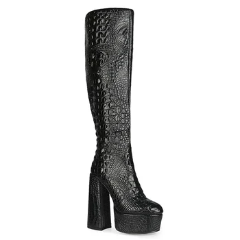 Новые женские сапоги до колена с рисунком крокодиловой кожи на толстом высоком каблуке и платформе, модные зимние женские ботинки botines mujer
