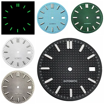 Новый 31-миллиметровый стерильный черный / белый / синий циферблат часов с зеленым светящимся механизмом Fit NH35, аксессуары для часов, детали с окошком календаря