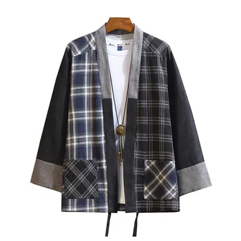 Новый японский мужской хлопчатобумажный кардиган в клетку, верхняя одежда Japan Haori, пальто Hanten, модное мужское самурайское кимоно, одежда Юката