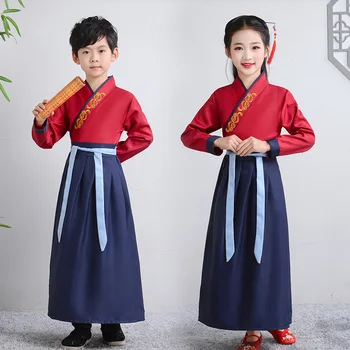 Одежда для сценического представления с вышивкой Hanfu для мальчиков и девочек, детский костюм для народных танцев, китайская традиционная одежда для фотосъемки