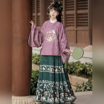 Оригинальный женский костюм Hanfu династии Мин с круглым воротником и рукавом-Пипа с вышивкой в виде лошадиной морды, осенне-зимний костюм на каждый день, Новый стиль