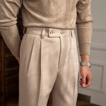 Осенне-зимние новые шерстяные брюки с высокой талией для мужчин, однотонные повседневные теплые прямые мужские официальные брюки