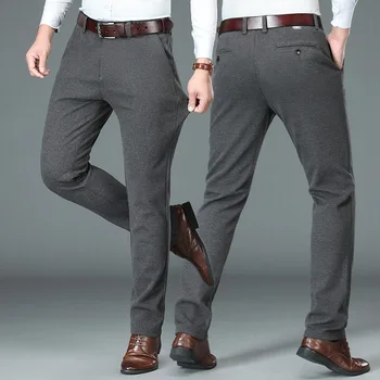 Осенне Зимние плотные шерстяные повседневные брюки для мужчин, брюки для делового костюма, прямые облегающие эластичные шерстяные брюки цвета хаки со средней талией,