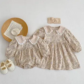 Осеннее модное боди с милым цветочным рисунком для новорожденных, хлопковая пижама для новорожденных, повседневные платья принцессы с длинными рукавами для вечеринок