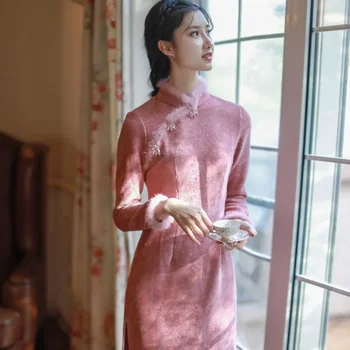 Осеннее Розовое Тонкое Китайское платье Ципао С Длинным Рукавом, Шикарный Восточный Халат, Традиционное Вельветовое Vestido Chino Mujer, Современный Чонсам
