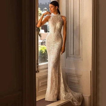Очаровательное свадебное платье без рукавов с высоким воротом, изысканное кружево и аппликация 