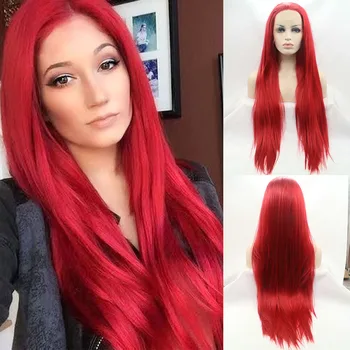 Парик Sylvia Red Синтетические парики на кружеве спереди для женщин, натуральные Длинные прямые парики для косплея из термостойкого волокна, средняя часть, Огненный парик