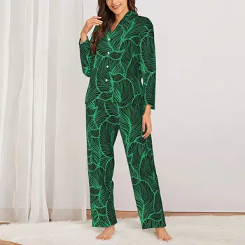 Пижамный комплект с тропическим принтом, зеленые листья, модная пижама, женская одежда для сна с длинным рукавом, Винтажная одежда для отдыха, 2 предмета, пижама большого размера 2XL