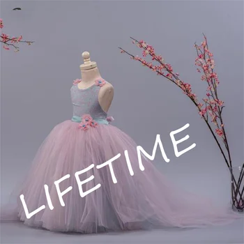 Платье с цветочным узором для девочек, тюлевое пышное платье принцессы для девочек, платье на день рождения для девочек, детское свадебное платье на шнуровке