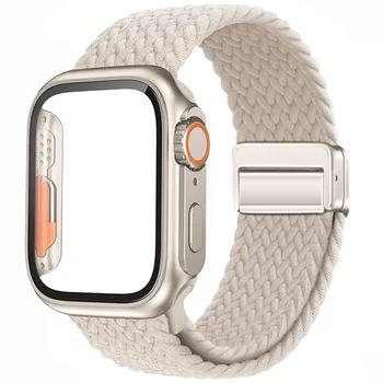 Плетеный ремешок + чехол для ПК для Apple Watch band 40 мм 44 мм 45 мм Обновленная крышка 49 мм + браслет с магнитной пряжкой iWatch series se 7 6 5 8 9