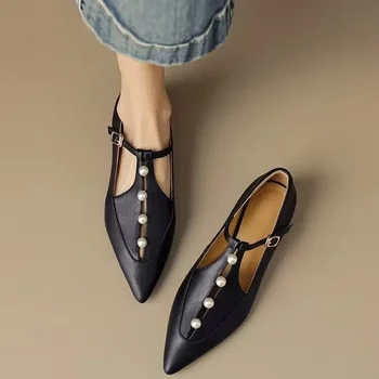 Повседневная женская обувь на плоской подошве, новые весенние модные женские туфли-оксфорды с Т-образным ремешком, лоферы, женские туфли-лодочки с острым носком в стиле ретро с жемчугом