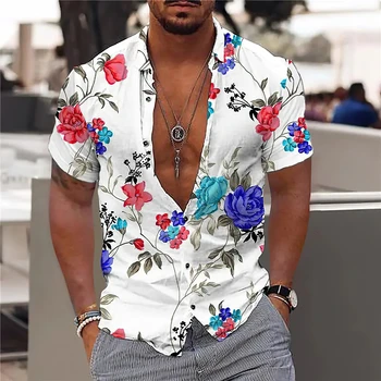 Повседневная мужская рубашка с гавайским 3D принтом 2023 года с цветочным рисунком для летнего пляжного отдыха с коротким рукавом, футболка, одежда оверсайз