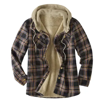 Повседневные мужские рубашки из флиса в клетку с капюшоном, осень-зима, толстая теплая фланелевая рубашка на бархатной подкладке, куртка, мужские камзолы
