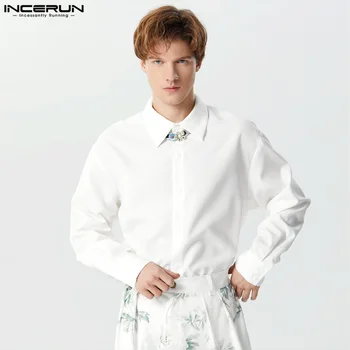 Повседневные топы в простом стиле Для красивых мужчин, однотонные простые универсальные рубашки, Модная треугольная блузка с лацканами с длинными рукавами, S-3XL