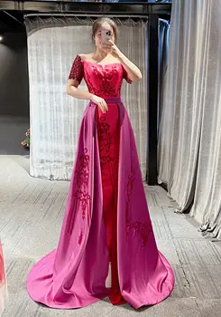 Реальные фотографии 2 цвета Красный и розовый Короткие рукава Бисероплетение на заказ Новое поступление 2023 Вечернее платье Бальное платье
