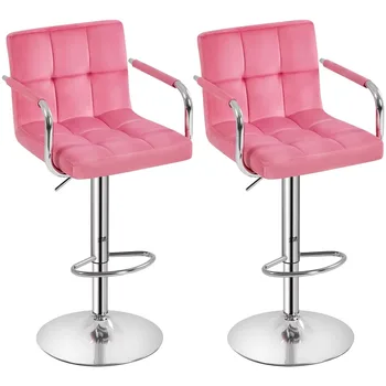 Регулируемый бархатный барный стул из 2 предметов для гостиной/столовой/барной стойки, розовый