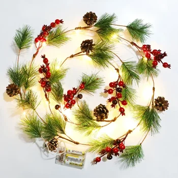 Рождественская гирлянда из сосновых шишек 2 М 20 светодиодов, гирлянда с листьями красных фруктов, гирлянда с гирляндой из красных фруктов для свадебной вечеринки, праздничного декора елки