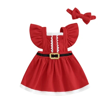 Рождественское платье для маленьких девочек, платье с рюшами на рукавах, пояс спереди, платье с повязкой на голову, детский наряд Санта-Клауса
