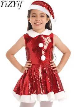 Рождественское платье Санта-Клауса для девочек для новогодней Рождественской вечеринки, подарочный костюм для выступления, платье без рукавов с пайетками + комплект шляп