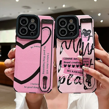 Розовый Чехол-Держатель для Ремешка Love Heart для iPhone 15 14 11 Pro Max 13 12 XR XS X 8 7 Plus SE 2020 Задняя Крышка В Вертикальную Полоску