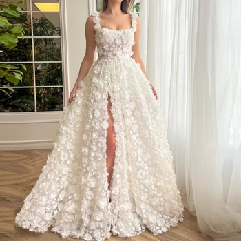 Роскошные вечерние платья с квадратным воротником ROSELLA Ivory 2023, элегантные и красивые женские платья А-силуэта с 3D цветами, выпускное платье с высоким разрезом