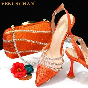 Сексуальный дизайн, новейший стиль INS, Оранжевый цвет, Элегантные туфли на высоком каблуке, Популярный дизайн в Нигерии, африканская женская обувь и сумка