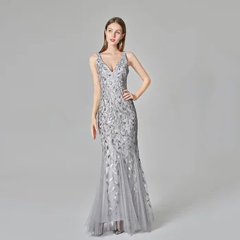 Серебристо-серые Элегантные Модные вечерние платья, сексуальный простой V-образный вырез, открытая спина, без рукавов, расшитое бисером платье в виде рыбьего хвоста, халат, халатик