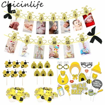 Серия Chicinlife Bee 12 Месяцев Фото Баннер, топперы для кексов, реквизит для фотобудки, воздушный шар с конфетти, принадлежности для вечеринки в честь 1-го дня рождения детей