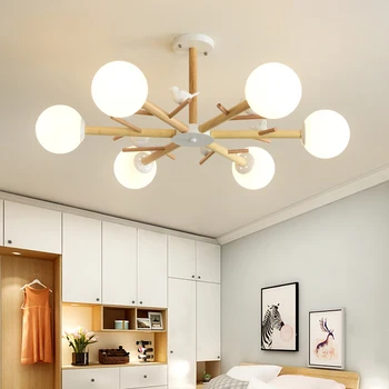 Скандинавская светодиодная деревянная люстра со стеклянным абажуром lucky bird лампа для столовой, спальни, кухни, дизайнерская лампа для интерьера