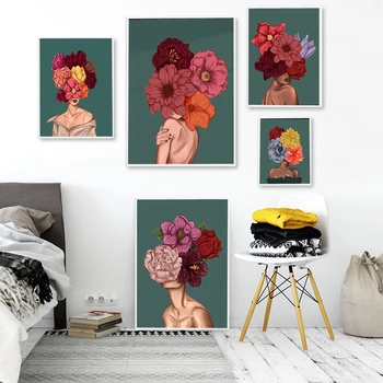 Скандинавская современная цветочная женщина, Абстрактный модный стиль, феминизм, картина на холсте, художественная печать, плакат, картина на стене, гостиная, домашний декор
