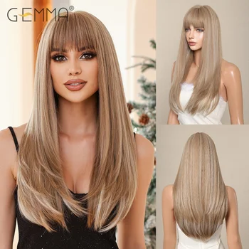 Смешанный коричневый блондинистый синтетический длинный прямой многослойный парик из натуральных волос, парики для косплея с челкой для женщин, афро-термостойкие