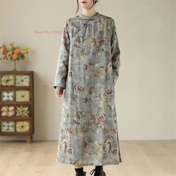 традиционное винтажное платье 2024 года улучшенное ципао национальный цветочный принт платье чонсам на флисовой подкладке восточное ретро народное платье ципао