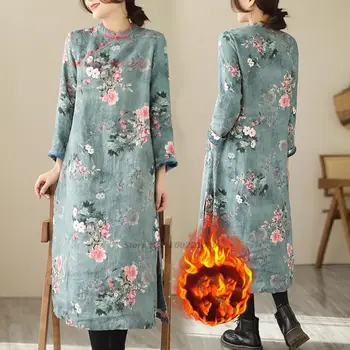 традиционное женское винтажное платье ципао 2024, элегантное хлопковое льняное платье-чонсам с цветочным принтом, восточное длинное платье на флисовой подкладке