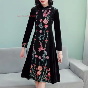 традиционное китайское винтажное платье 2024 года улучшенное бархатное платье с национальной цветочной вышивкой qipao cheongsam, банкетное вечернее платье