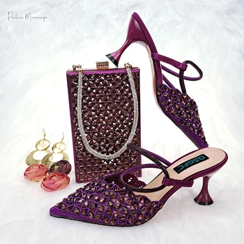 Туфли и сумка итальянского дизайна нового фиолетового цвета, Африканская женская обувь и сумка, африканская обувь для вечеринок
