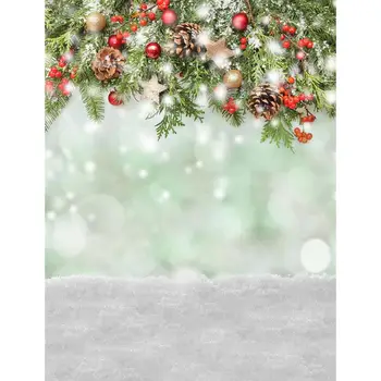 украшения, красный шар, зеленые листья, снег, зимние фоны боке, Виниловая ткань, рождественский фон с компьютерной печатью и росписью