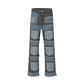 Уличная одежда Y2K с множеством карманов, мешковатые повседневные джинсы в стиле пэчворк для мужчин, прямые свободные джинсовые брюки унисекс, размер оверсайз