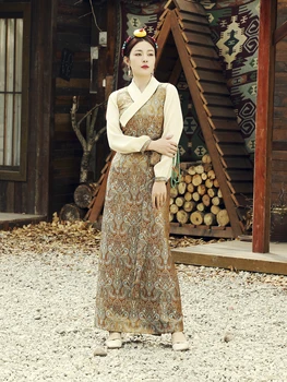 Улучшенная тибетская одежда в китайском стиле с принтом, женское платье, летняя юбка с длинным рукавом